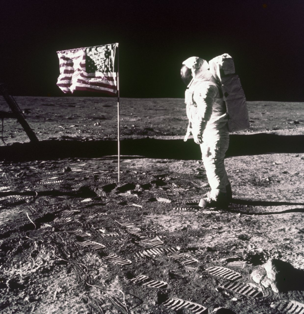 136 Apollo Moon landing- Aldrin with US flag on Moon -s